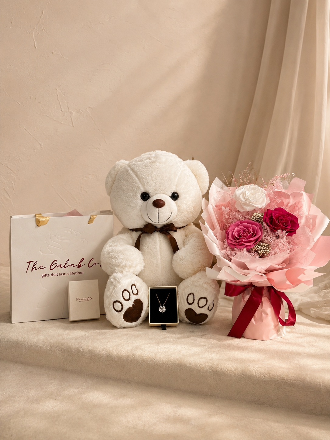 White Teddy with Pink Rose Luxury Set